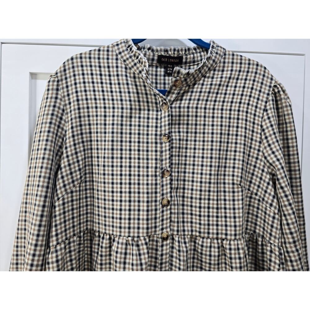 Qed London Brown Plaid Tiered Dress Size 12 | Button Front Prairie Cottagecore - Picture 3 of 16